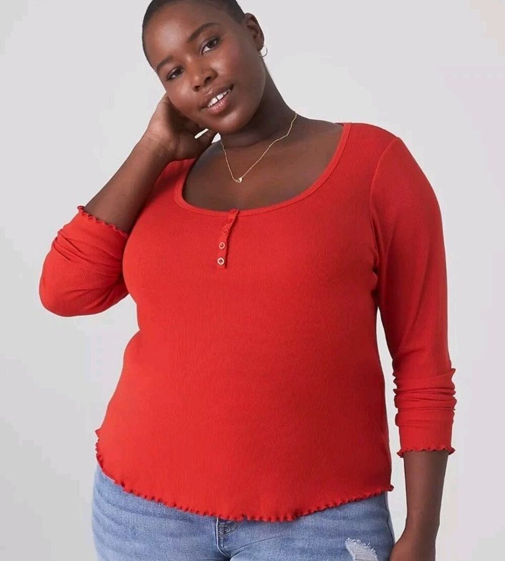 Lane Bryant Red Long Sleeve Scoop Neck Henley Shirt Lettuce Hem